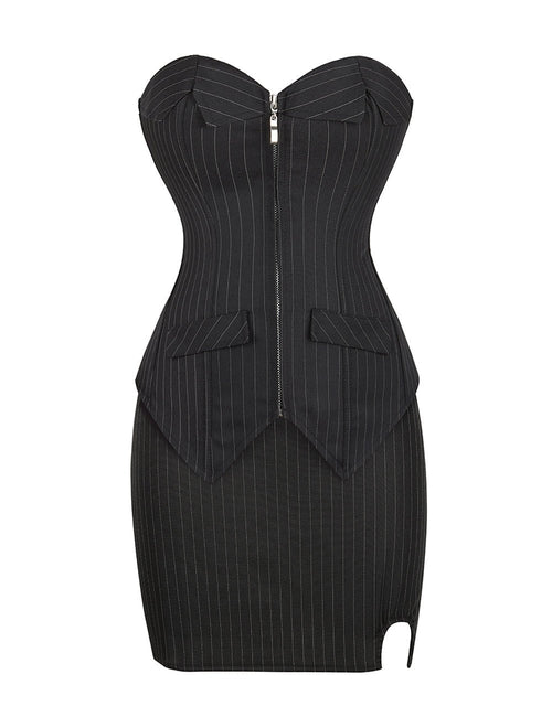 12 Pieces Plastic Bone Black Sexy Striped Zippered Palace Style Corset Set - TeaseFashion