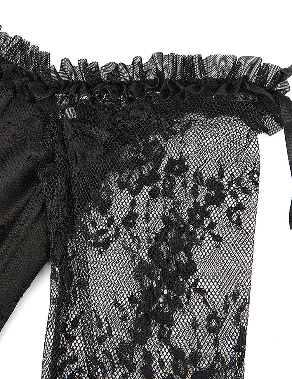 12 Pieces Plastic Bones Sexy Lace Sleeves Stitching Black Corset - TeaseFashion