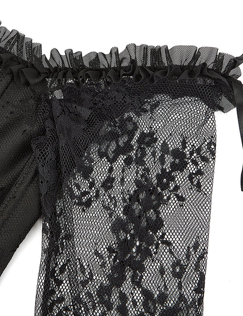 12 Pieces Plastic Bones Sexy Lace Sleeves Stitching Black Corset - TeaseFashion