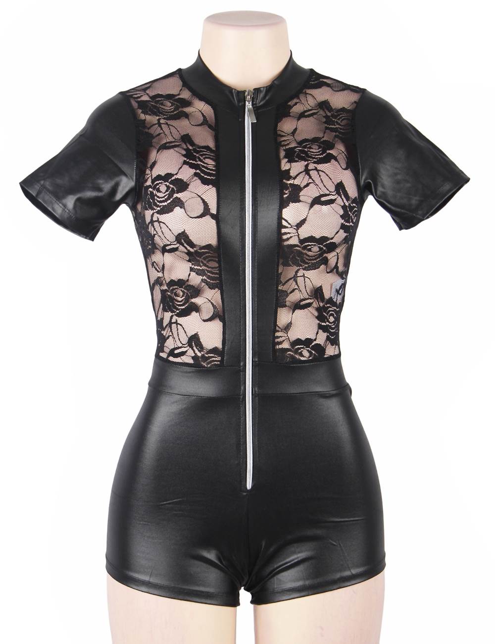Faux Leather & Lace Bodysuit – Round Neck, Short Sleeves, Mesh Panels & Zip Fastening - TeaseFashion