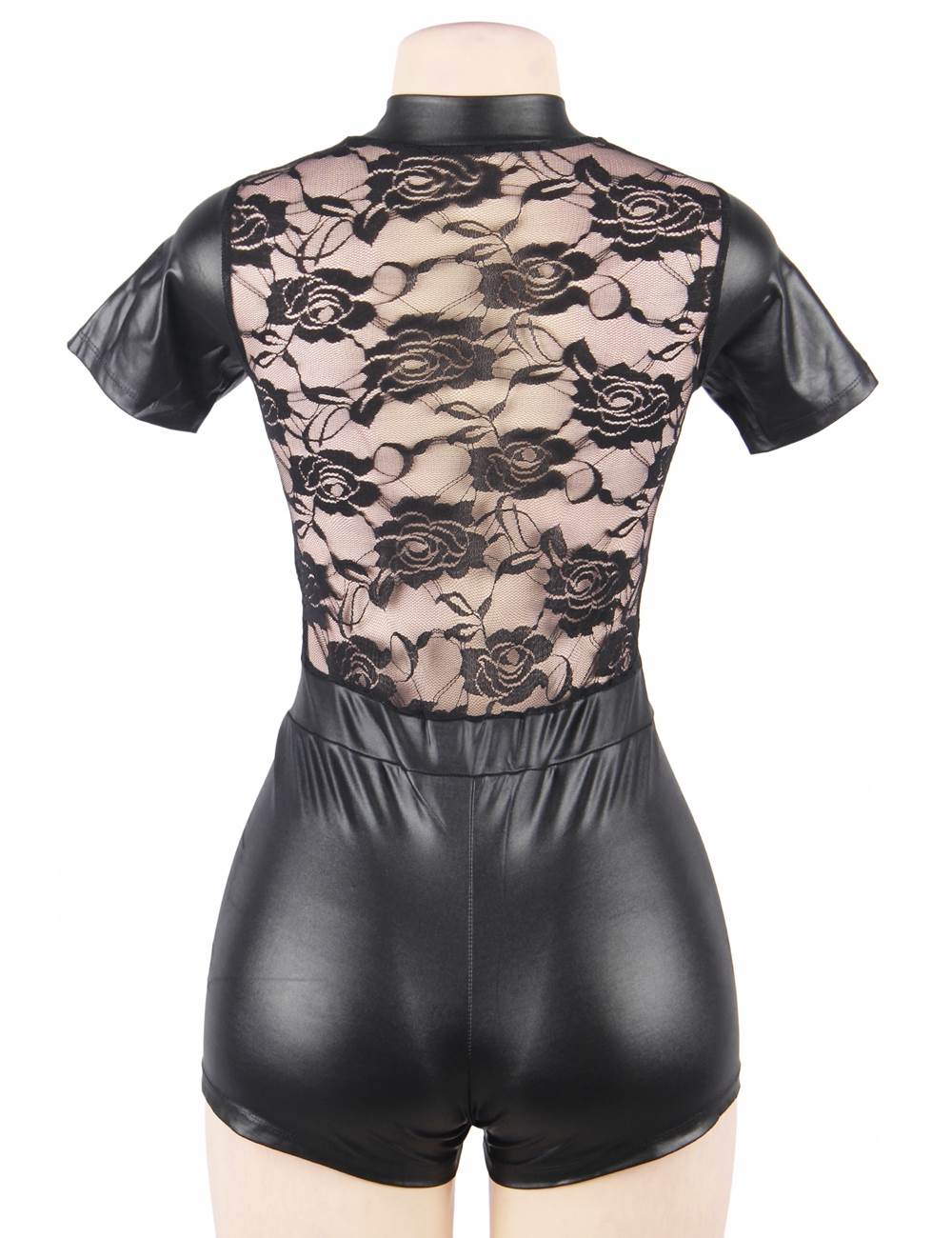Faux Leather & Lace Bodysuit – Round Neck, Short Sleeves, Mesh Panels & Zip Fastening - TeaseFashion