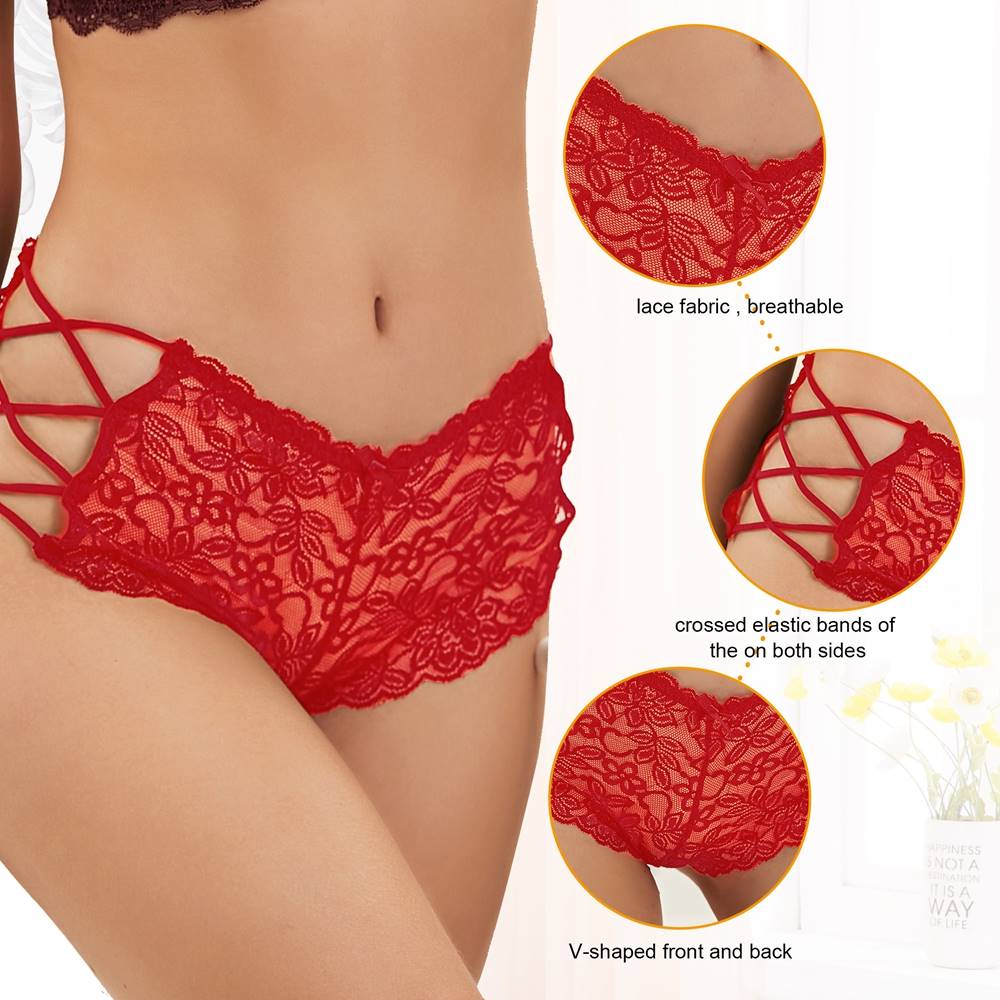 Red High - Waist Floral Lace Panty with Cross - Strap Elastic Detail - TeaseFashion