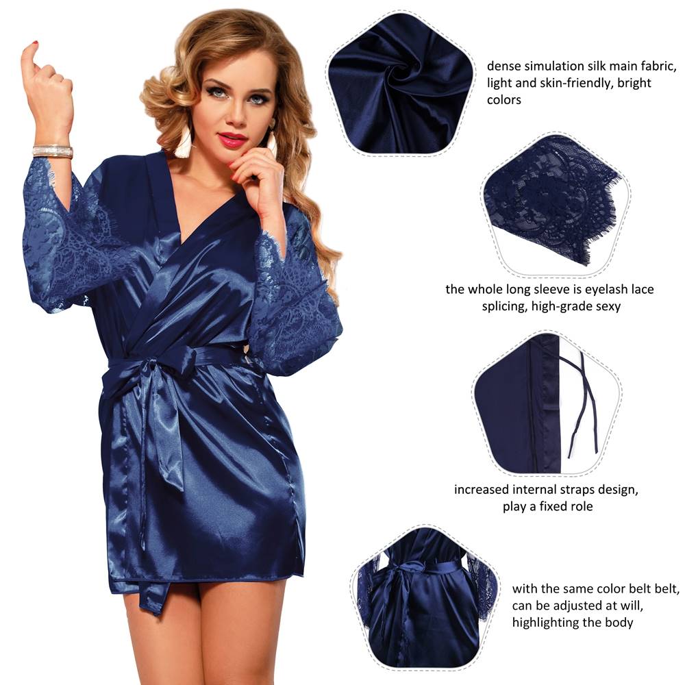 Black Eyelash Lace Long Sleeve Robe – Internal Tie, Belt & G - String Set - TeaseFashion