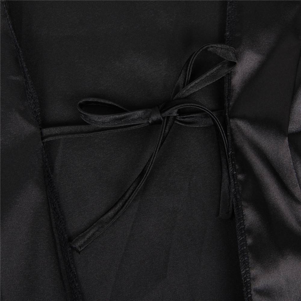 Black Satin Nightdress – Eyelash Lace Sleeves, Wide Neckline, Adjustable Belt & Thong Set - TeaseFashion