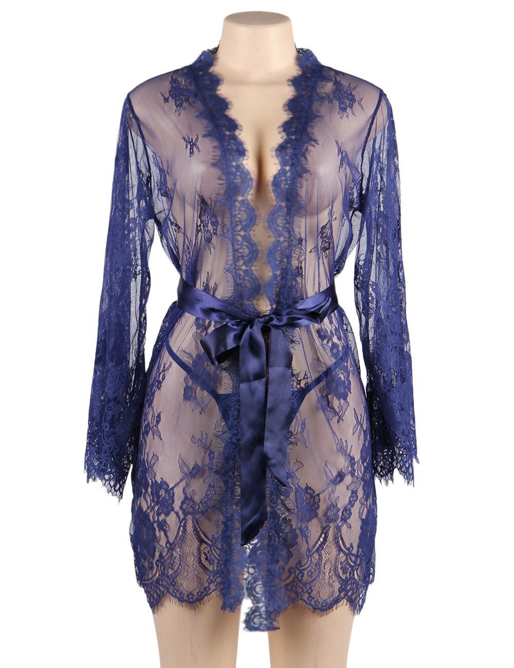 Blue Eyelash Lace Babydoll – Wide Sleeves, Button Placket, Satin Waistband & Thong Set - TeaseFashion