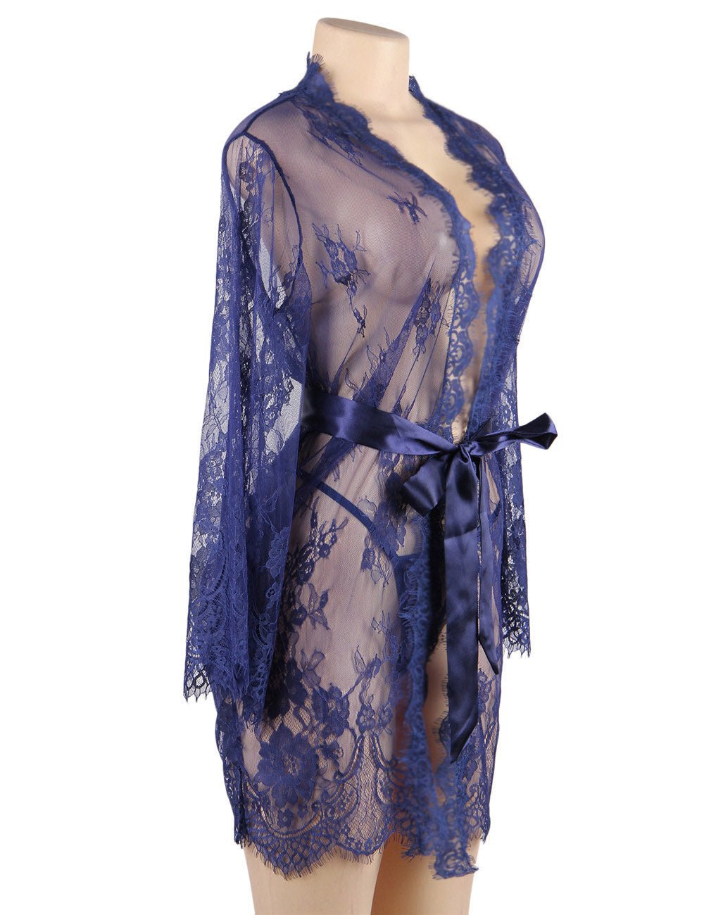 Blue Eyelash Lace Babydoll – Wide Sleeves, Button Placket, Satin Waistband & Thong Set - TeaseFashion