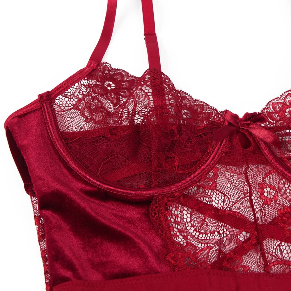 Wine Red Lace & Velvet Garter Bodysuit – Underwired Bust, Crossover Back, Adjustable Straps & Garter Belts - TeaseFashion