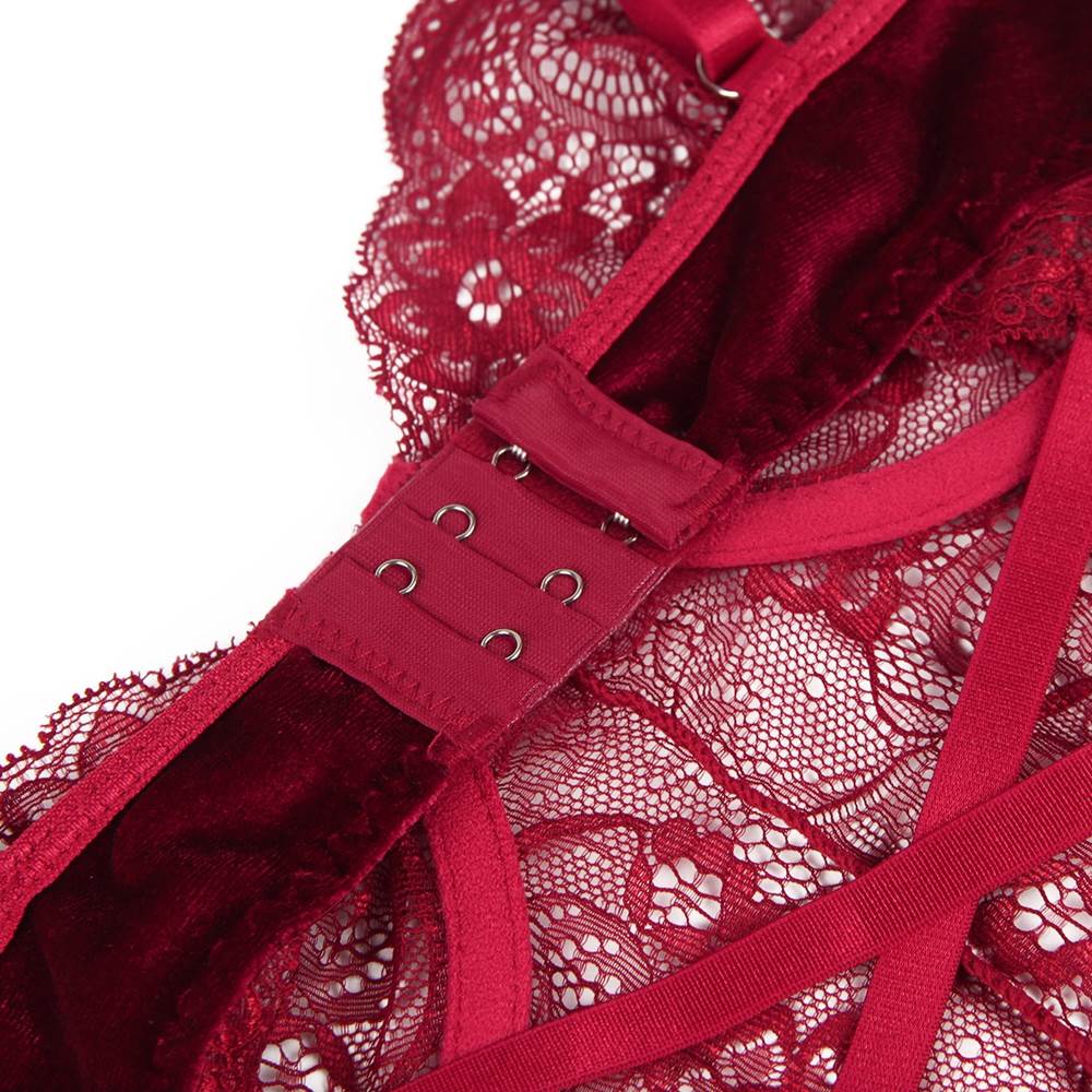 Wine Red Lace & Velvet Garter Bodysuit – Underwired Bust, Crossover Back, Adjustable Straps & Garter Belts - TeaseFashion