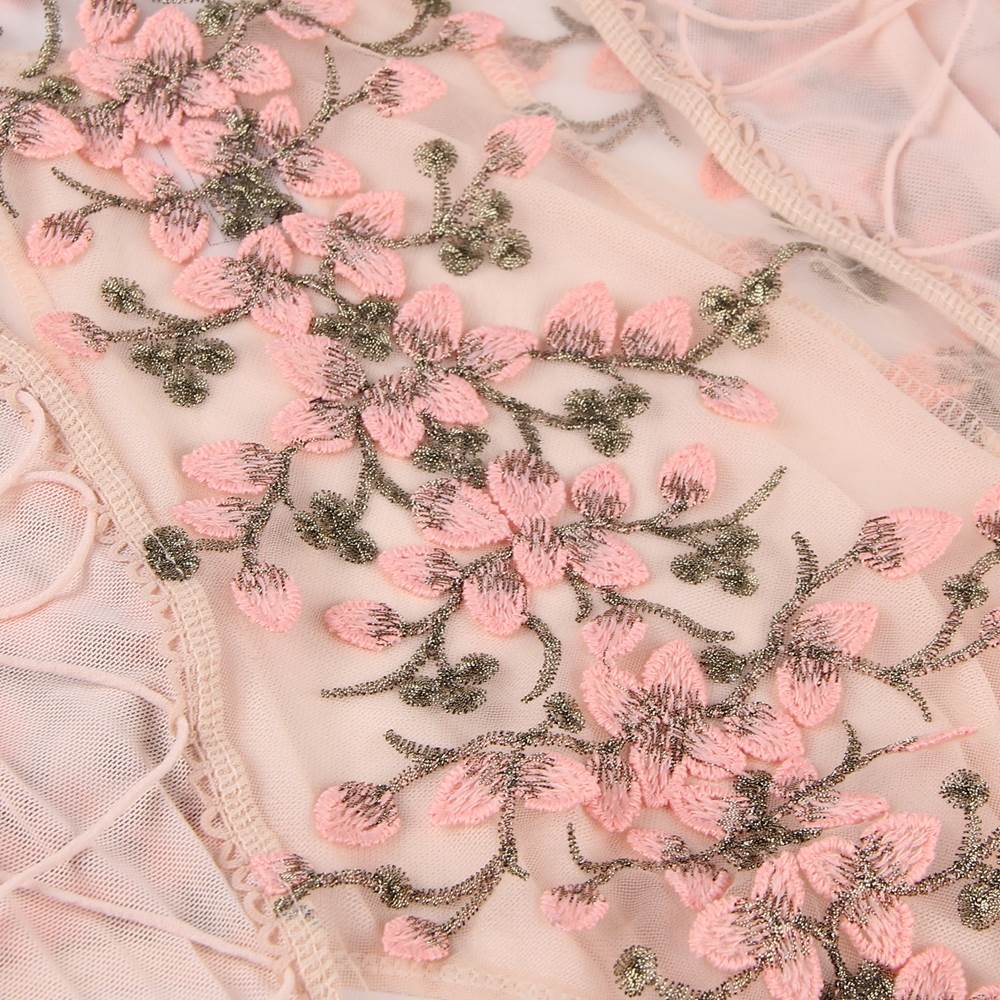 Blush Pink Embroidered Mesh Teddy – Underwired Bust, 3D Embroidery, Crisscross Waist & Adjustable Crotch - TeaseFashion