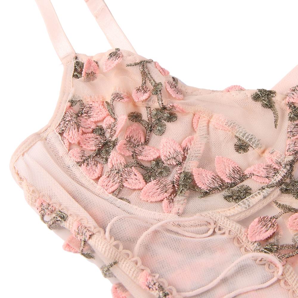 Blush Pink Embroidered Mesh Teddy – Underwired Bust, 3D Embroidery, Crisscross Waist & Adjustable Crotch - TeaseFashion