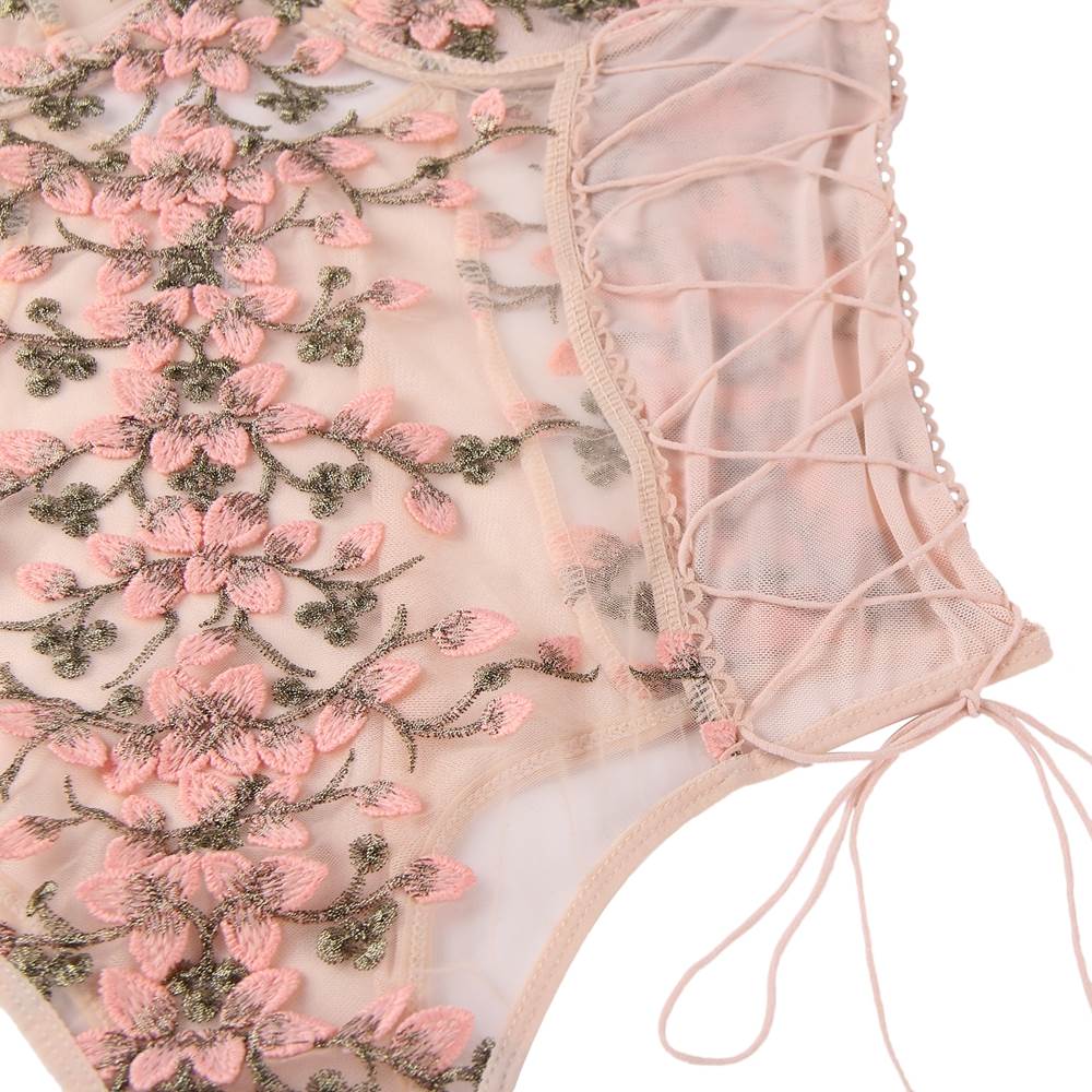 Blush Pink Embroidered Mesh Teddy – Underwired Bust, 3D Embroidery, Crisscross Waist & Adjustable Crotch - TeaseFashion