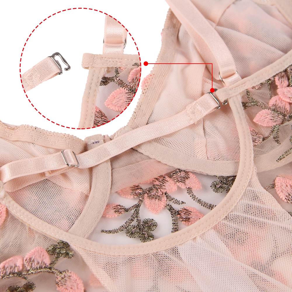 Blush Pink Embroidered Mesh Teddy – Underwired Bust, 3D Embroidery, Crisscross Waist & Adjustable Crotch - TeaseFashion