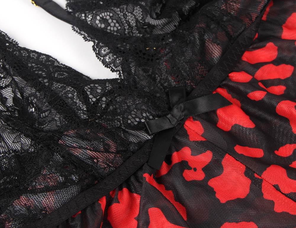 Black & Red Floral Print Lace Teddy – Deep V Plunge Neck, Backless Crossover Back & Adjustable Straps - TeaseFashion