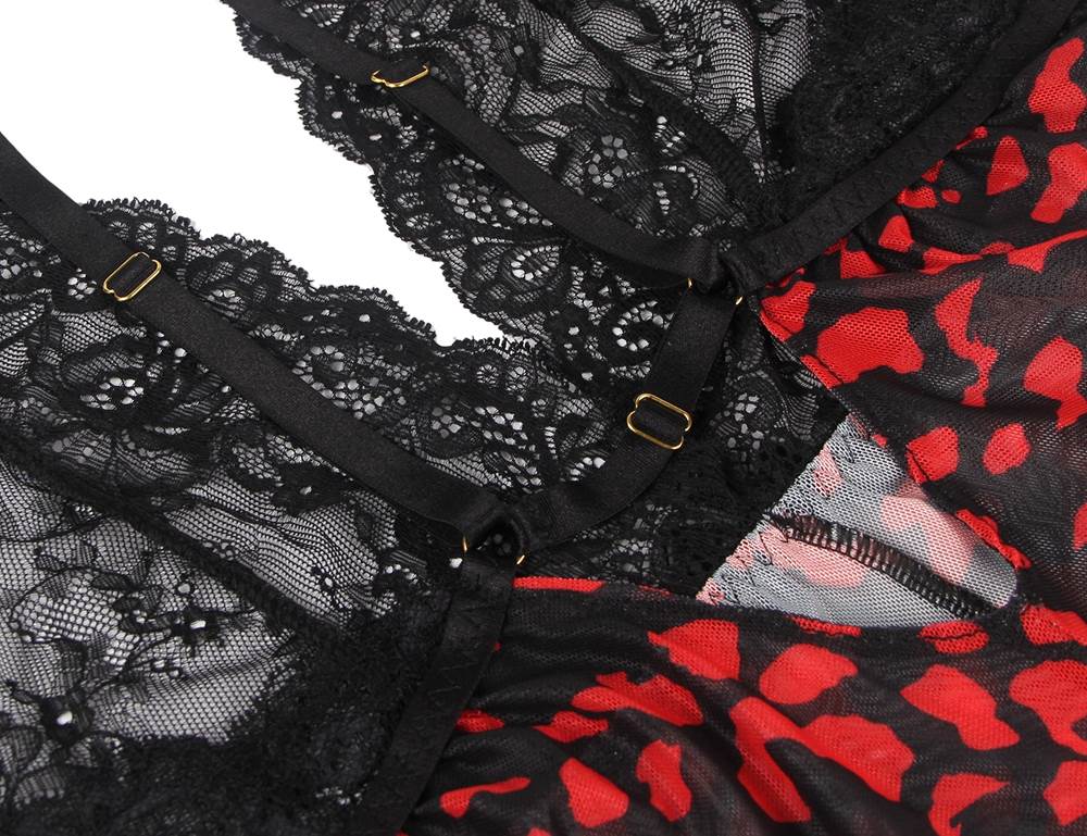 Black & Red Floral Print Lace Teddy – Deep V Plunge Neck, Backless Crossover Back & Adjustable Straps - TeaseFashion