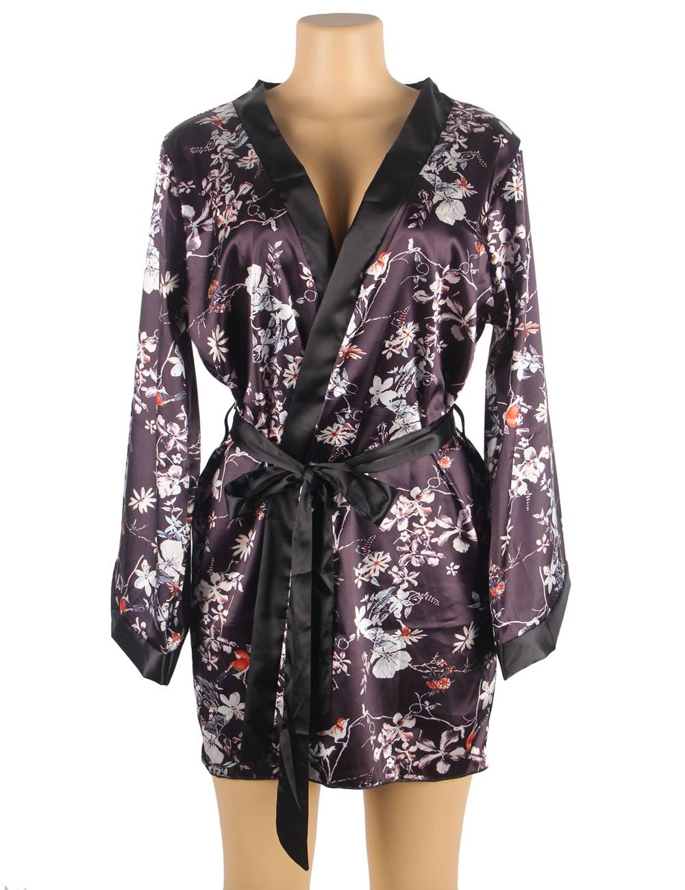 Printed Satin Robe – Wide Sleeves, Adjustable Black Waistband & Thong Set - TeaseFashion