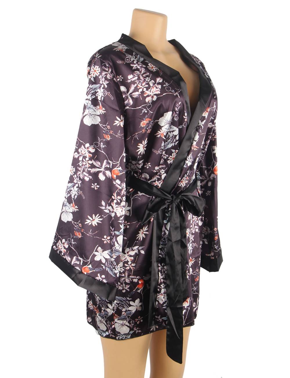 Printed Satin Robe – Wide Sleeves, Adjustable Black Waistband & Thong Set - TeaseFashion