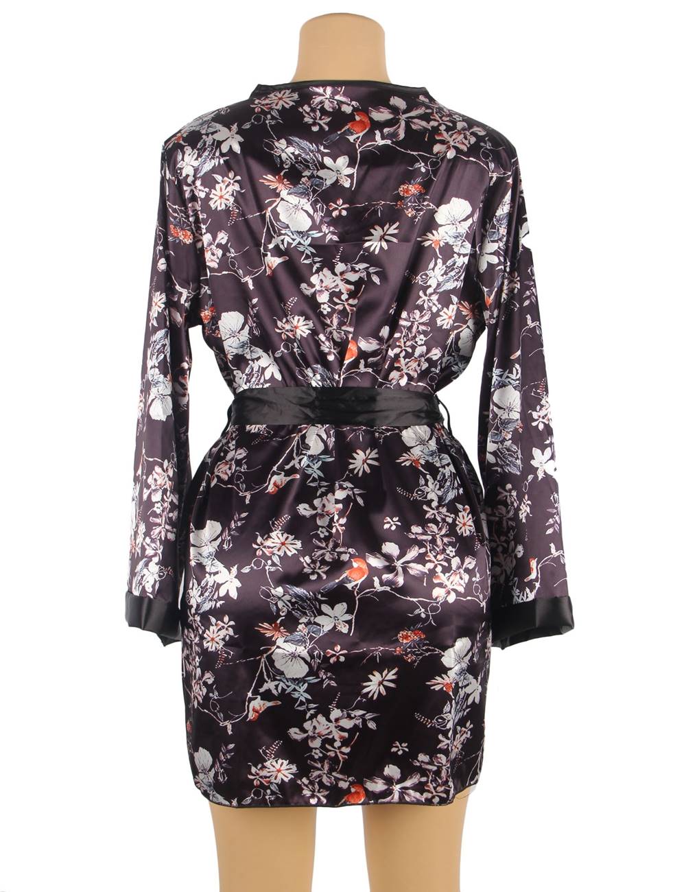Printed Satin Robe – Wide Sleeves, Adjustable Black Waistband & Thong Set - TeaseFashion