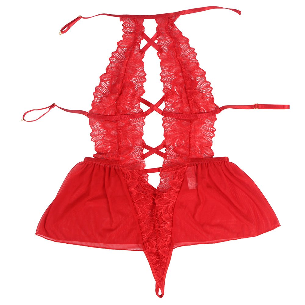 Red Floral Mesh & Lace Halter Teddy – Deep Neck, Backless, Ruffle Hem & Adjustable Straps - TeaseFashion