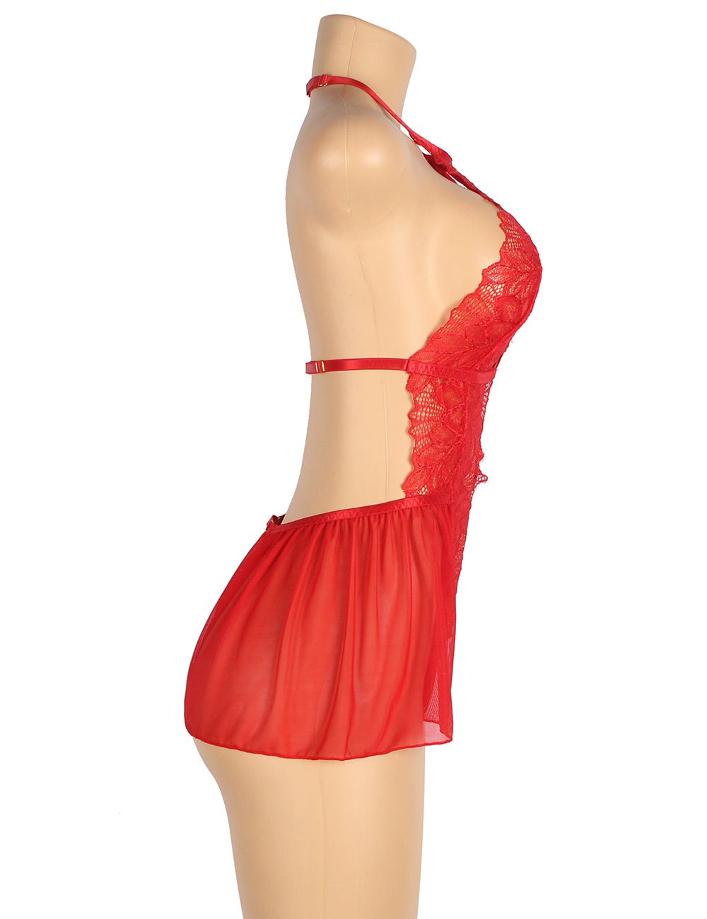 Red Floral Mesh & Lace Halter Teddy – Deep Neck, Backless, Ruffle Hem & Adjustable Straps - TeaseFashion