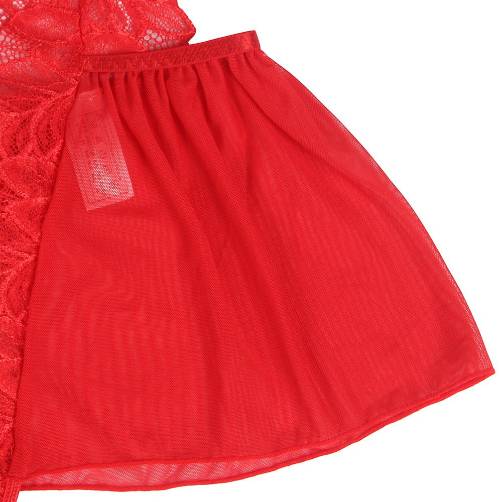 Red Floral Mesh & Lace Halter Teddy – Deep Neck, Backless, Ruffle Hem & Adjustable Straps - TeaseFashion