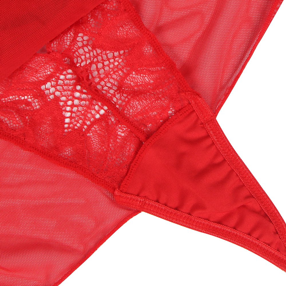 Red Floral Mesh & Lace Halter Teddy – Deep Neck, Backless, Ruffle Hem & Adjustable Straps - TeaseFashion