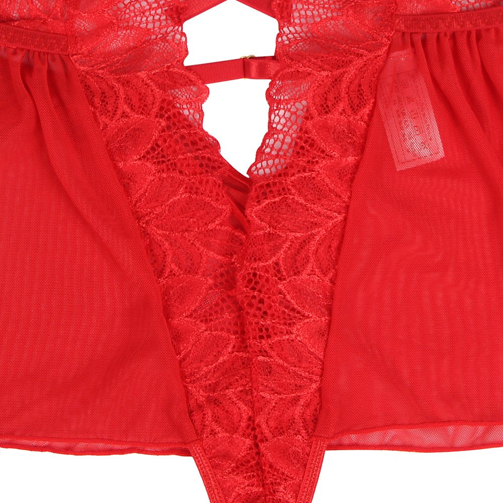 Red Floral Mesh & Lace Halter Teddy – Deep Neck, Backless, Ruffle Hem & Adjustable Straps - TeaseFashion