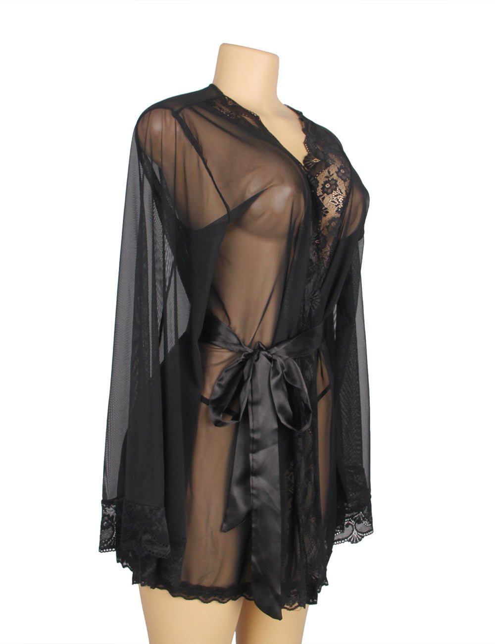 Black Elastic Mesh Robe – Bell Sleeves, Lace Trim, Satin Belt & Thong Set - TeaseFashion
