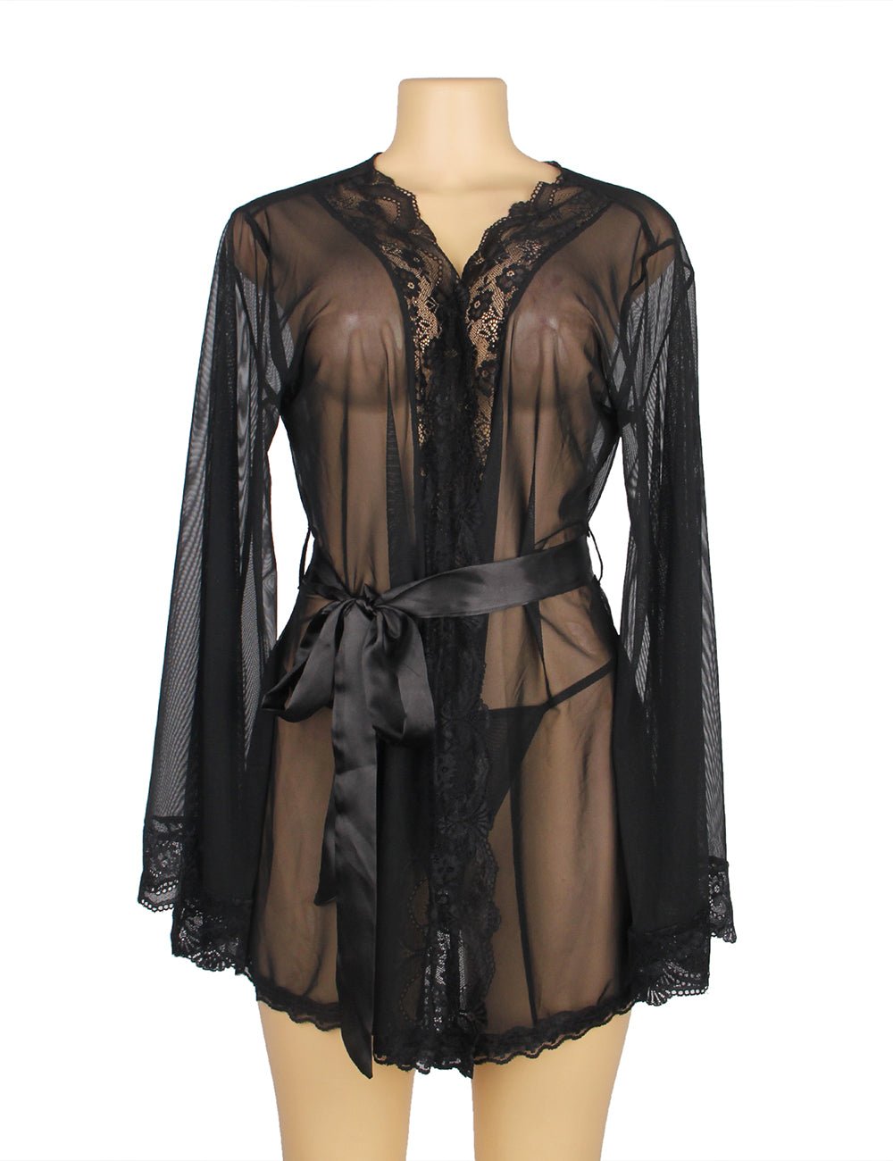 Black Elastic Mesh Robe – Bell Sleeves, Lace Trim, Satin Belt & Thong Set - TeaseFashion