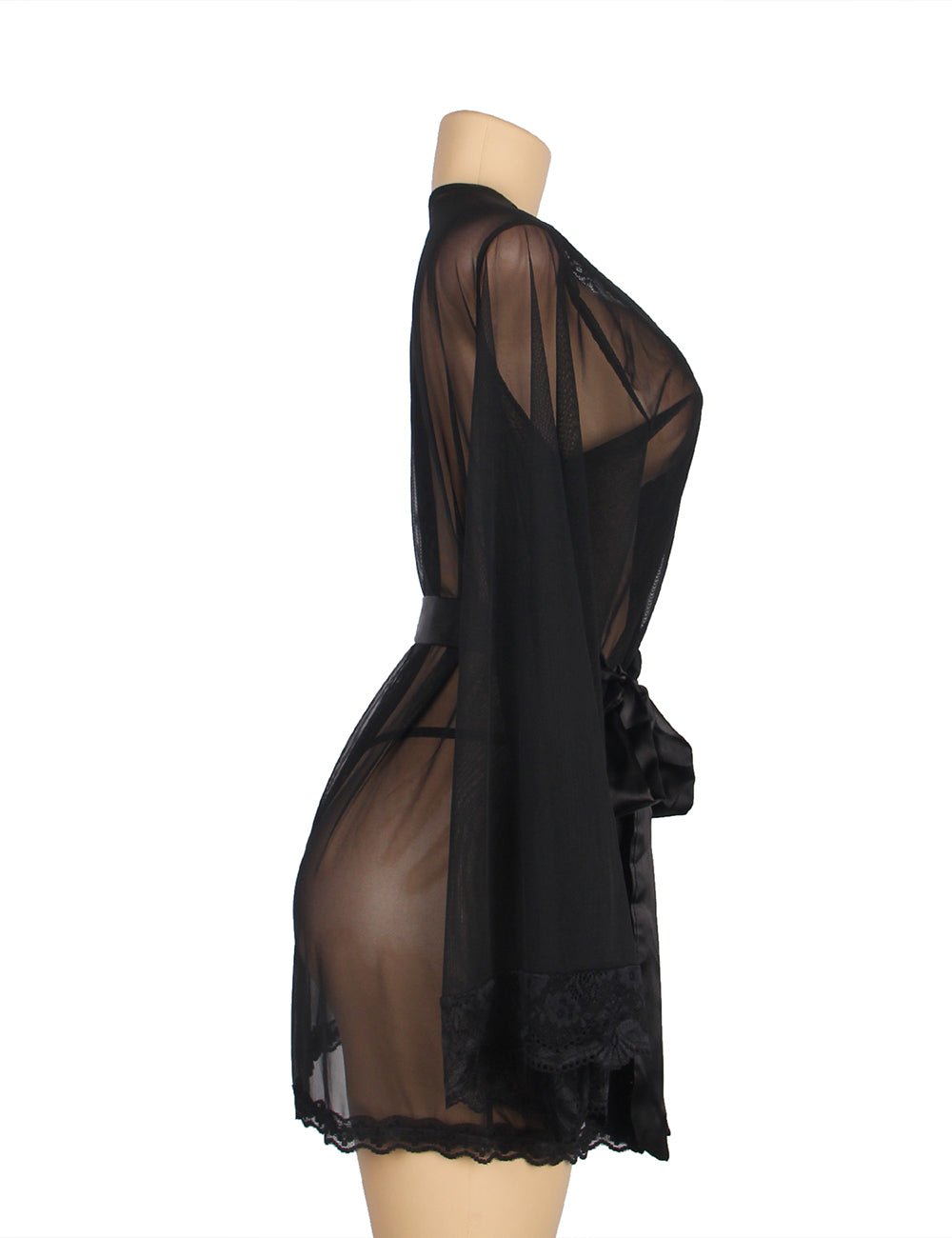 Black Elastic Mesh Robe – Bell Sleeves, Lace Trim, Satin Belt & Thong Set - TeaseFashion