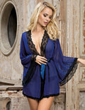 Blue Elastic Mesh Robe – Bell Sleeves, Lace Trim, Satin Belt & Thong Set - TeaseFashion