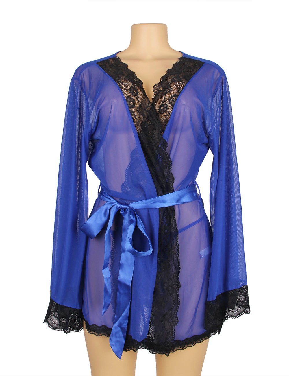 Blue Elastic Mesh Robe – Bell Sleeves, Lace Trim, Satin Belt & Thong Set - TeaseFashion