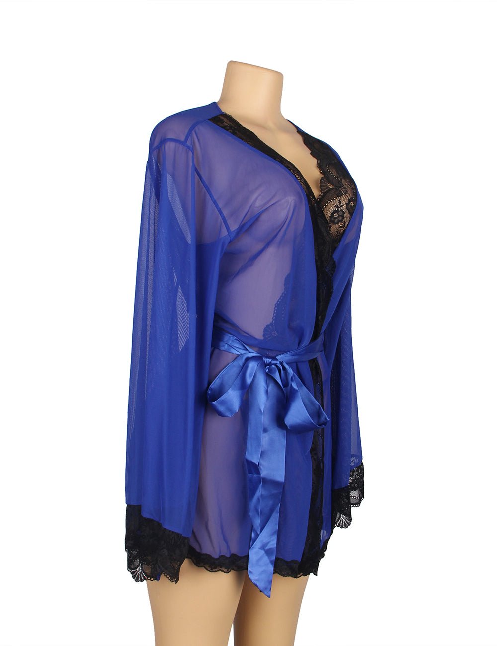 Blue Elastic Mesh Robe – Bell Sleeves, Lace Trim, Satin Belt & Thong Set - TeaseFashion
