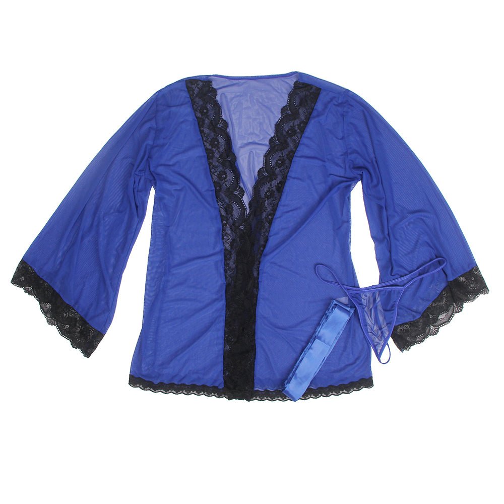 Blue Elastic Mesh Robe – Bell Sleeves, Lace Trim, Satin Belt & Thong Set - TeaseFashion
