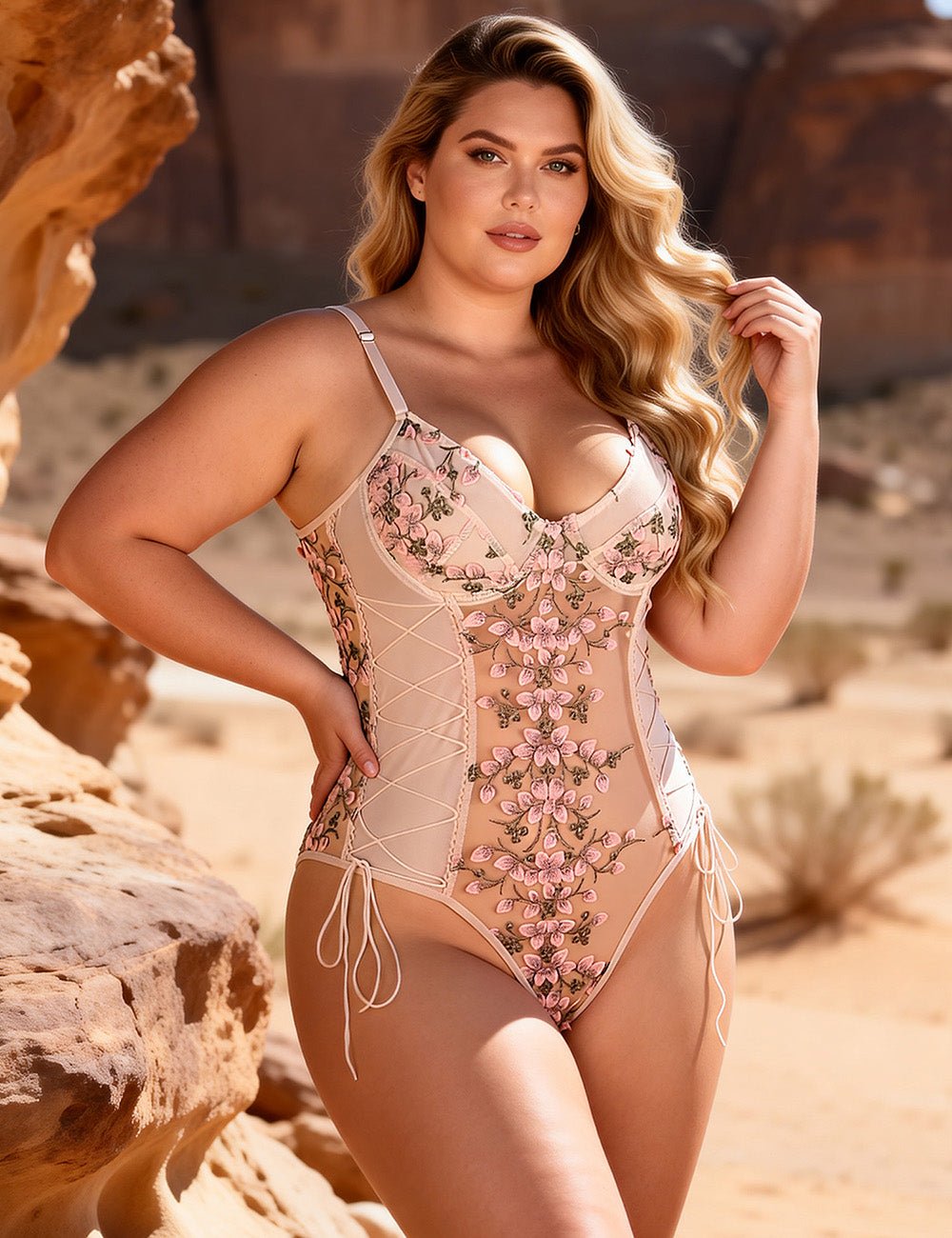 Blush Pink Embroidered Mesh Teddy – Underwired Bust, 3D Embroidery, Crisscross Waist & Adjustable Crotch - TeaseFashion