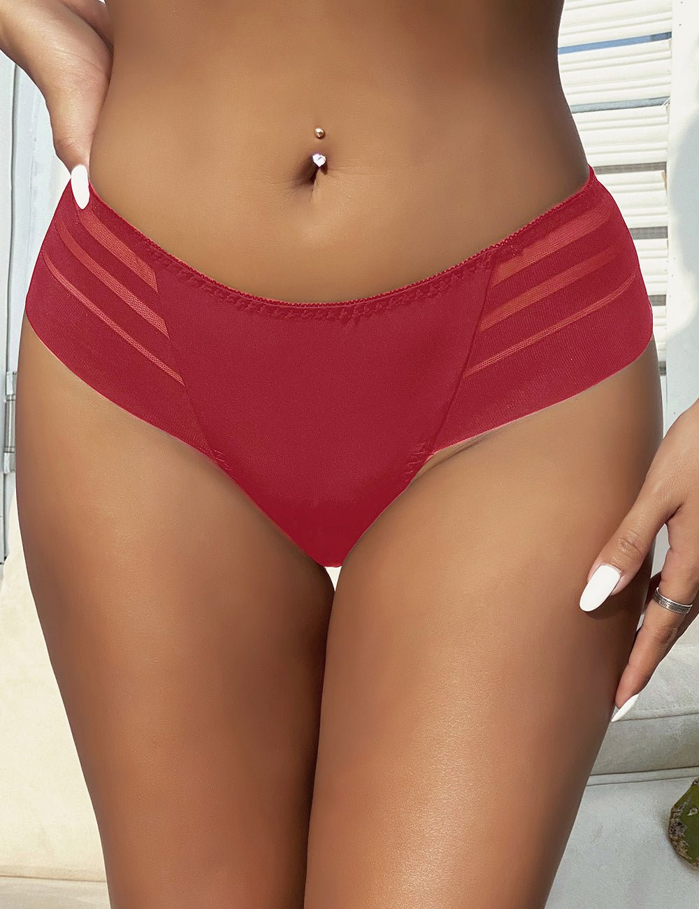 Wine Red Striped Mesh Panty – Swimwear Panel Front & Cotton Gusset - TeaseFashion
