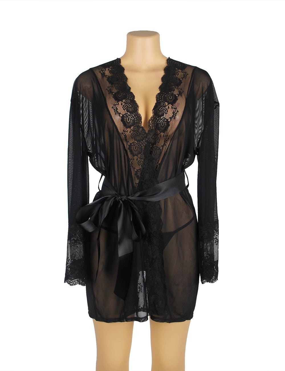 Black Sheer Mesh Robe – Lace Trim, Back Slit, Satin Belt & Panty Set - TeaseFashion