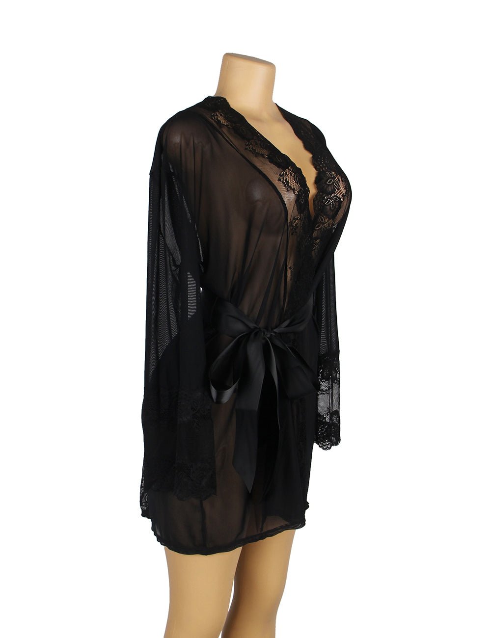 Black Sheer Mesh Robe – Lace Trim, Back Slit, Satin Belt & Panty Set - TeaseFashion