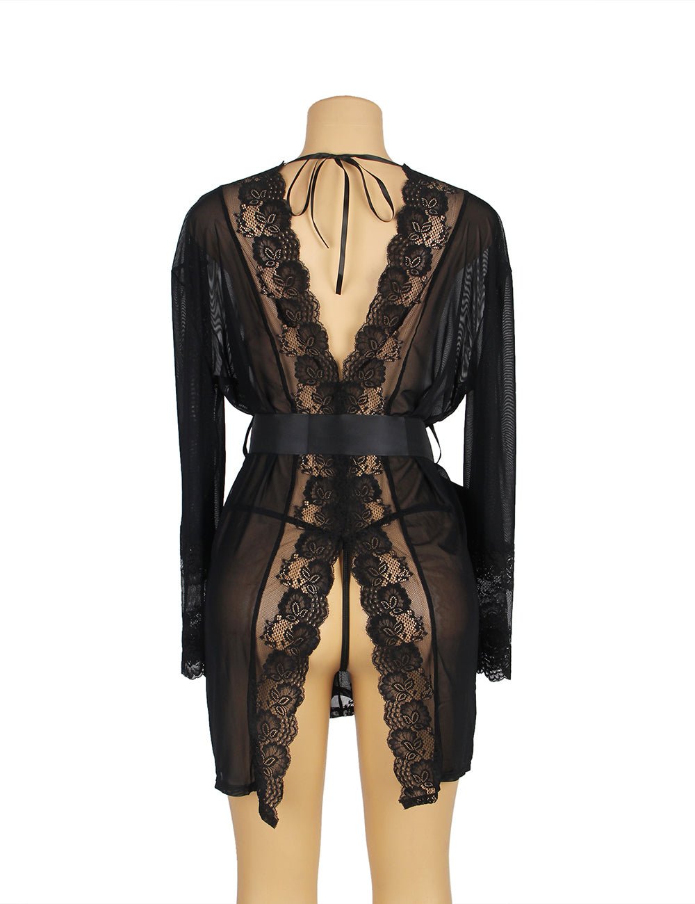 Black Sheer Mesh Robe – Lace Trim, Back Slit, Satin Belt & Panty Set - TeaseFashion
