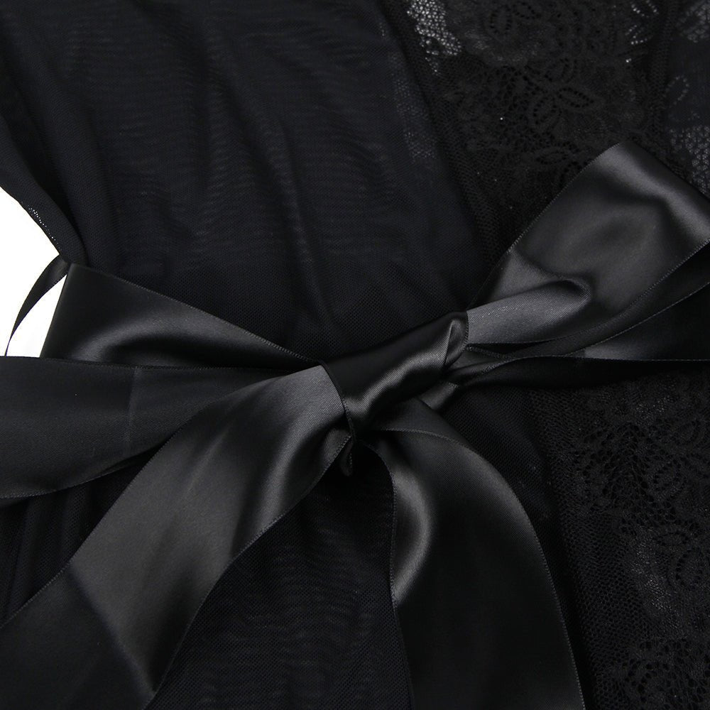 Black Sheer Mesh Robe – Lace Trim, Back Slit, Satin Belt & Panty Set - TeaseFashion
