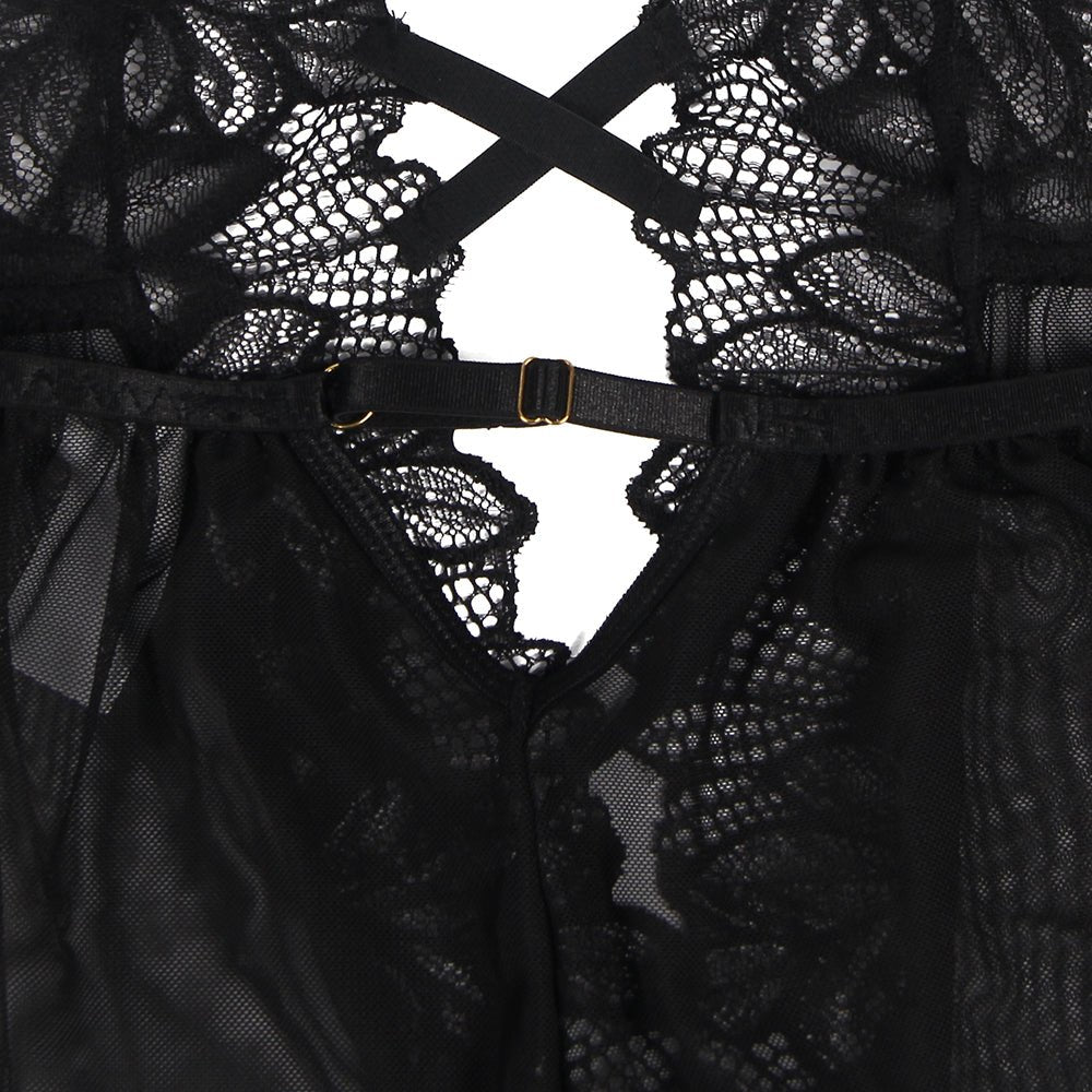 Black Floral Mesh & Lace Halter Teddy – Deep Neck, Backless, Ruffle Hem & Adjustable Straps - TeaseFashion