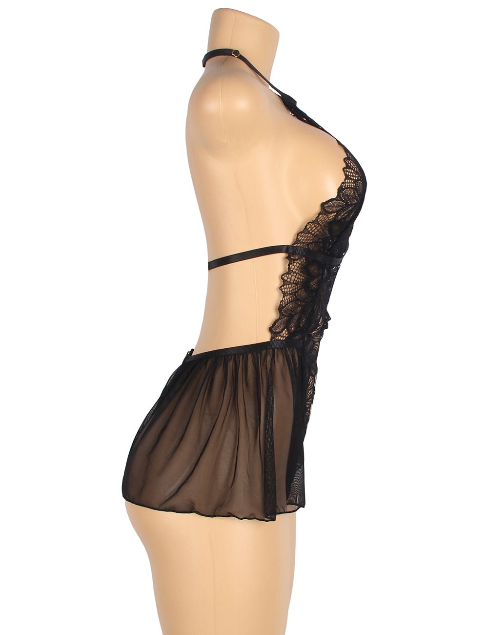 Black Floral Mesh & Lace Halter Teddy – Deep Neck, Backless, Ruffle Hem & Adjustable Straps - TeaseFashion