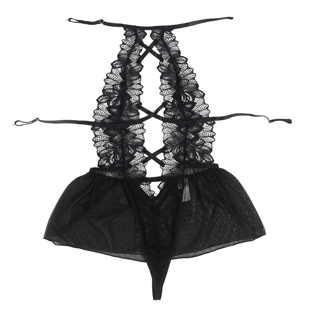 Black Floral Mesh & Lace Halter Teddy – Deep Neck, Backless, Ruffle Hem & Adjustable Straps - TeaseFashion