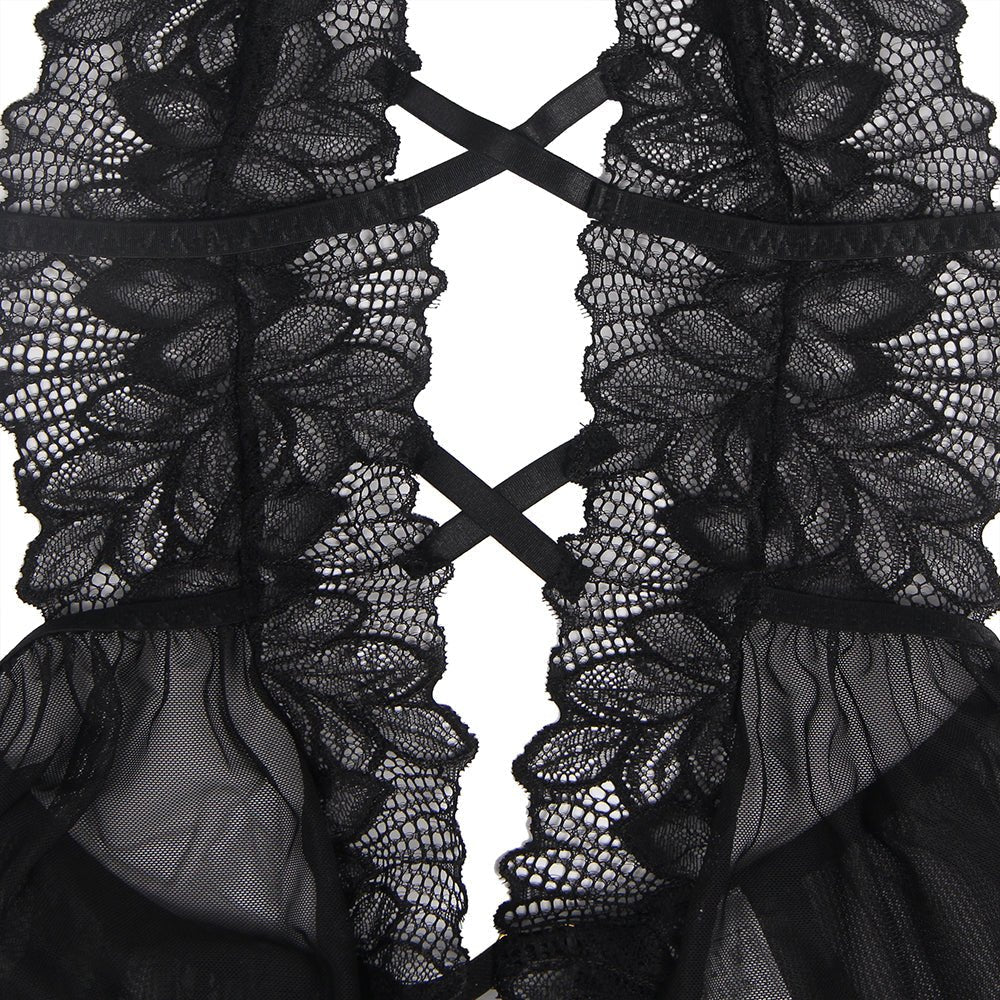 Black Floral Mesh & Lace Halter Teddy – Deep Neck, Backless, Ruffle Hem & Adjustable Straps - TeaseFashion