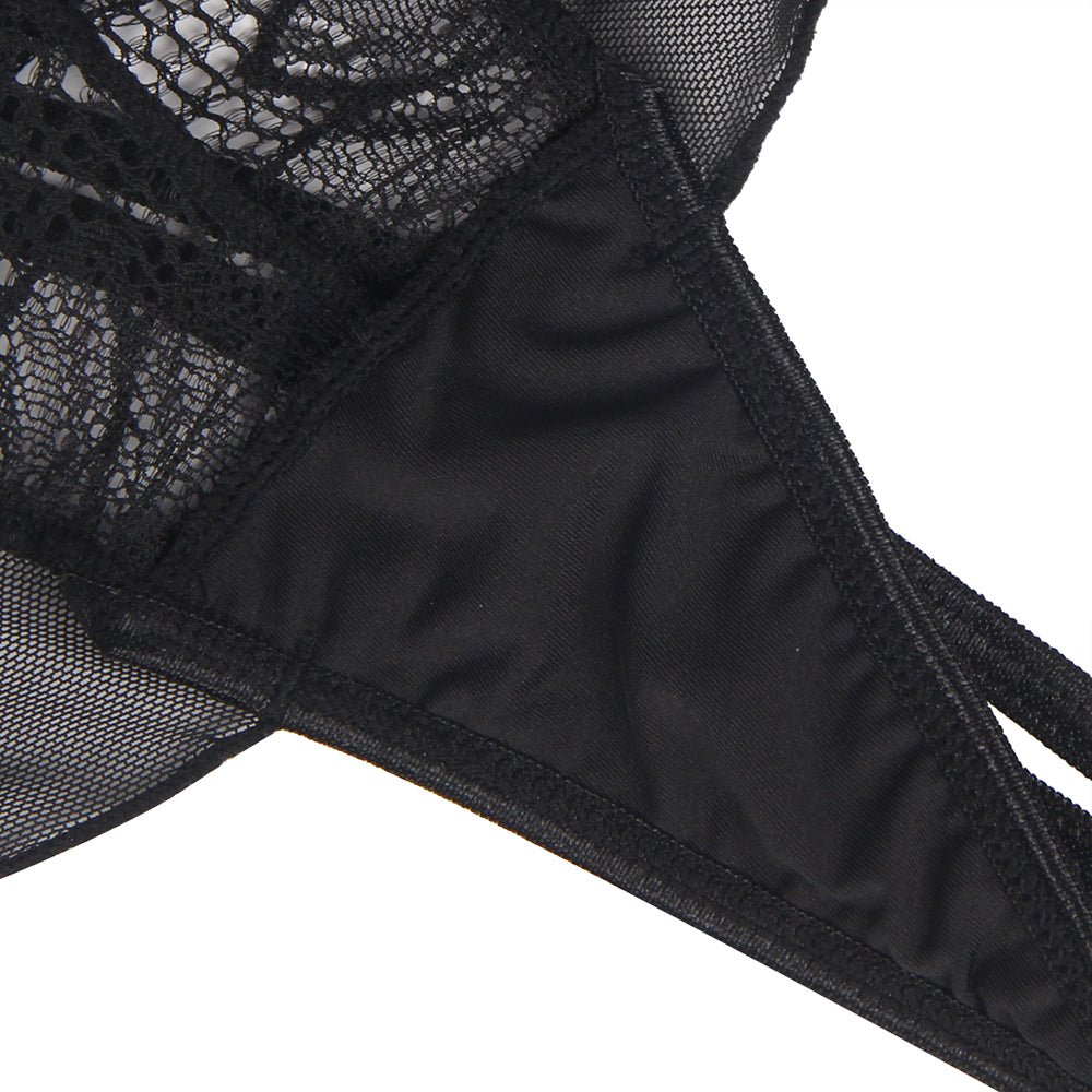 Black Floral Mesh & Lace Halter Teddy – Deep Neck, Backless, Ruffle Hem & Adjustable Straps - TeaseFashion