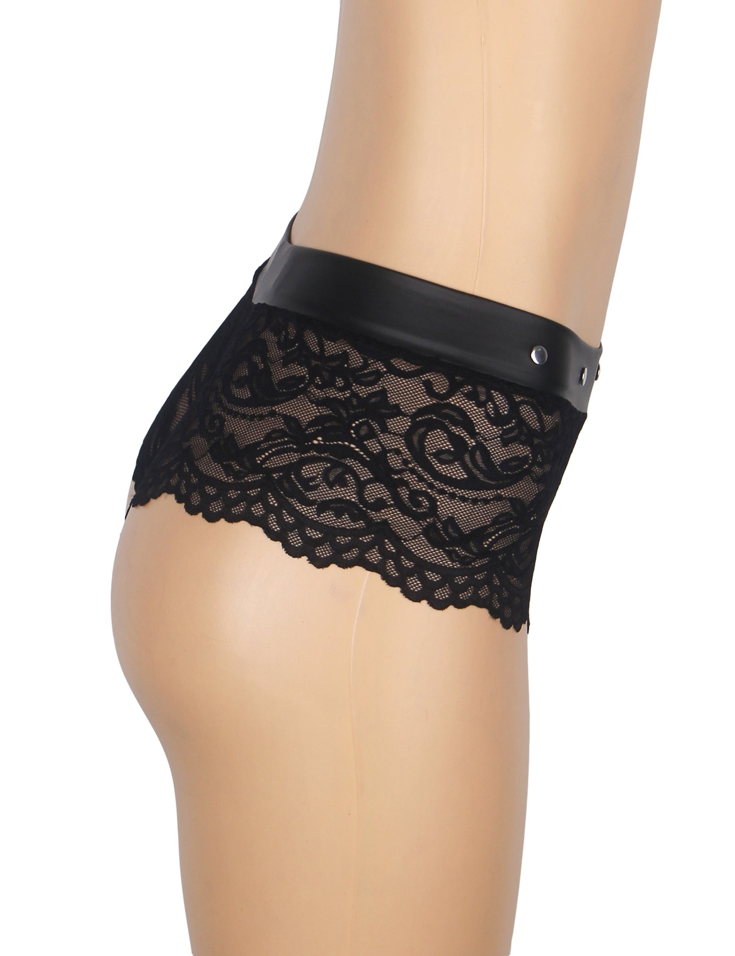Black Lace & PU Leather Waistband Panty – Studs & Cotton Gusset - TeaseFashion