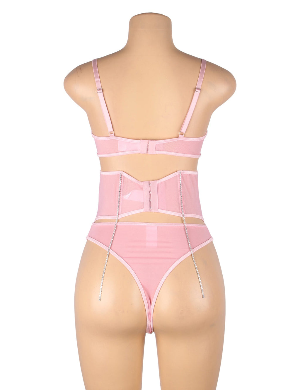 5 Bones Pink Mesh Sexy Bra Set Stitching Diamond Chain - TeaseFashion