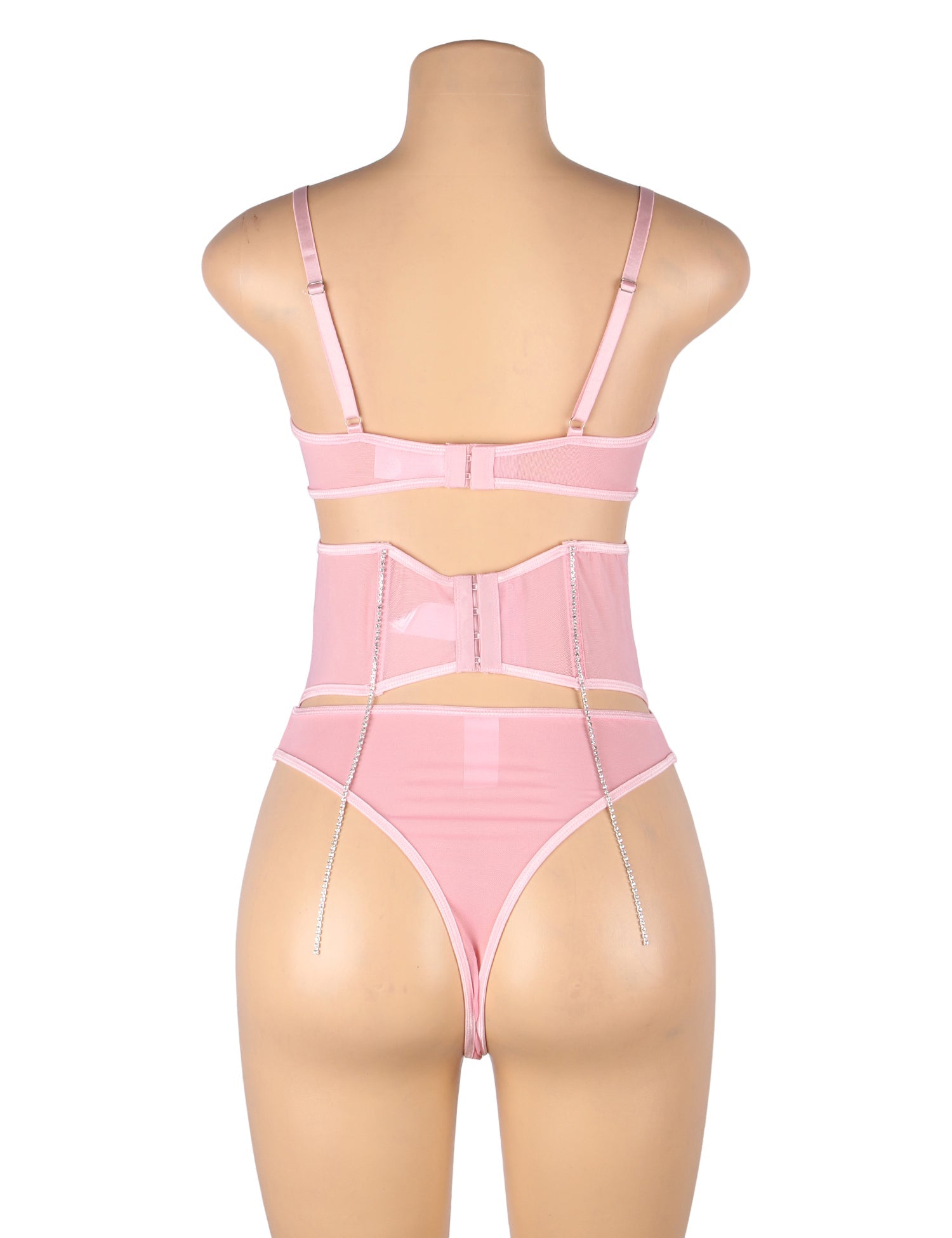 5 Bones Pink Mesh Sexy Bra Set Stitching Diamond Chain - TeaseFashion