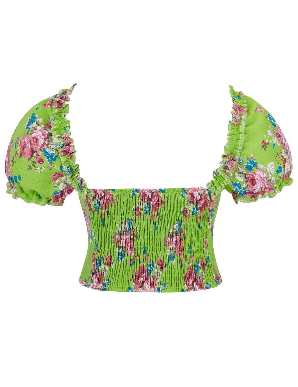 8 Pieces Plastic Bones Green Sexy Puff Sleeves Printed Palace Style Corset - TeaseFashion