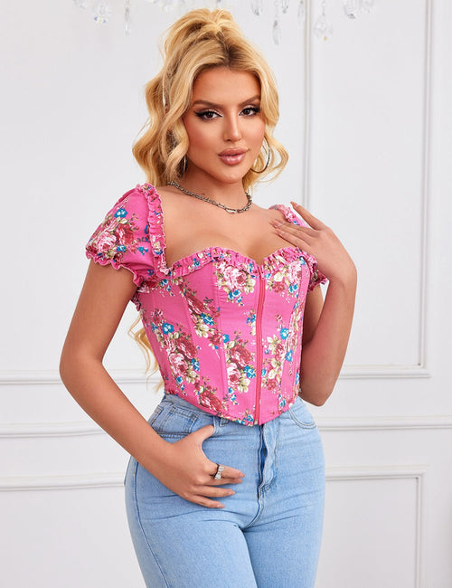 8 Pieces Plastic Bones Pink Sexy Puff Sleeves Printed Palace Style Corset - TeaseFashion