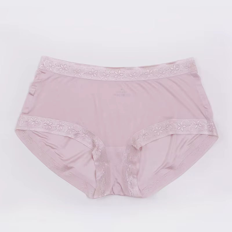Lotus Pink Lace Panties Sexy Breathable Mid Waist Briefs Seamless Silk Underwear - TeaseFashion